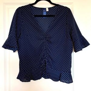 Francesca’s Navy Blue Blouse with White Polka Dots
